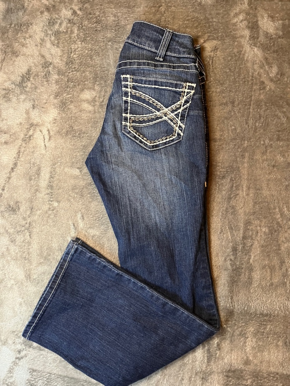 Ariat Women's Flared Midrise Boot Jeans in Dark and Medium Blue Wash - Picture 15 of 16